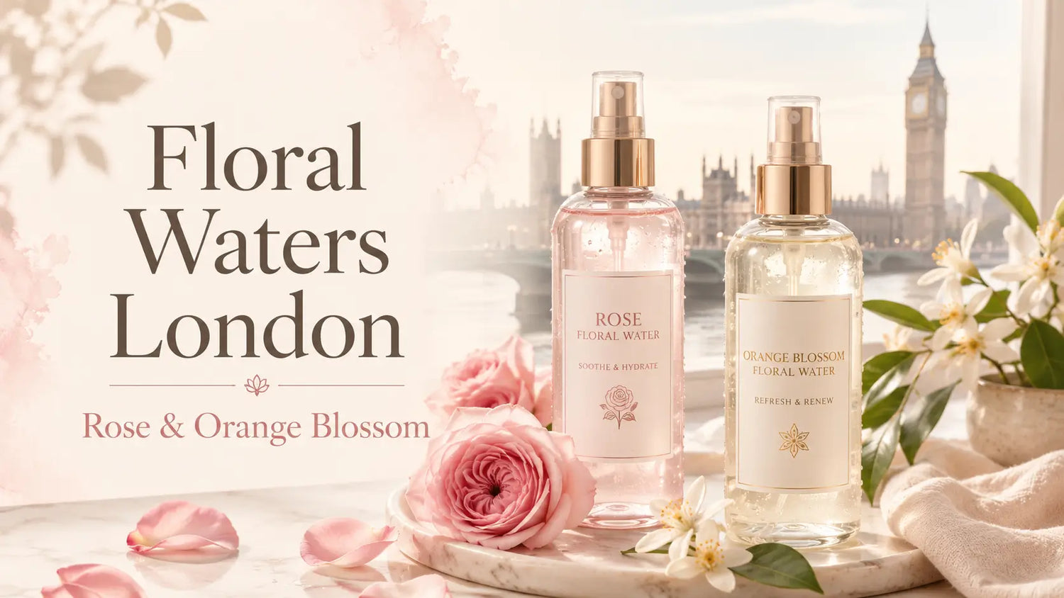 Floral Waters London rose and orange blossom skincare bottles of Pretty Oasis UK