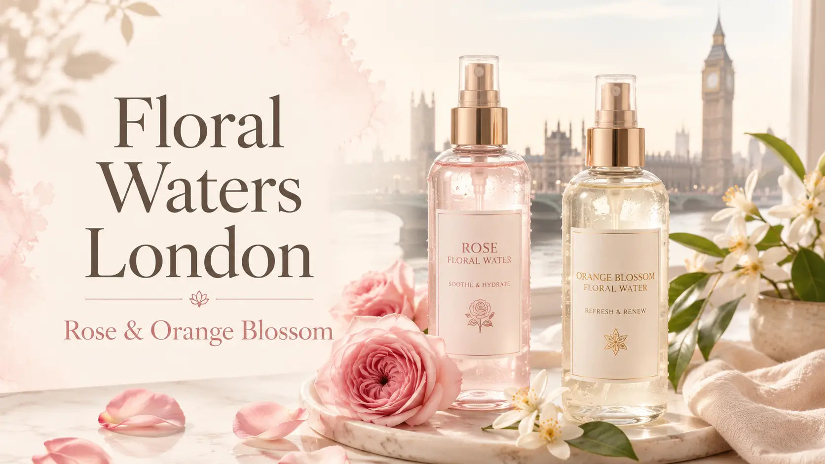 Floral Waters London rose and orange blossom skincare bottles of Pretty Oasis UK