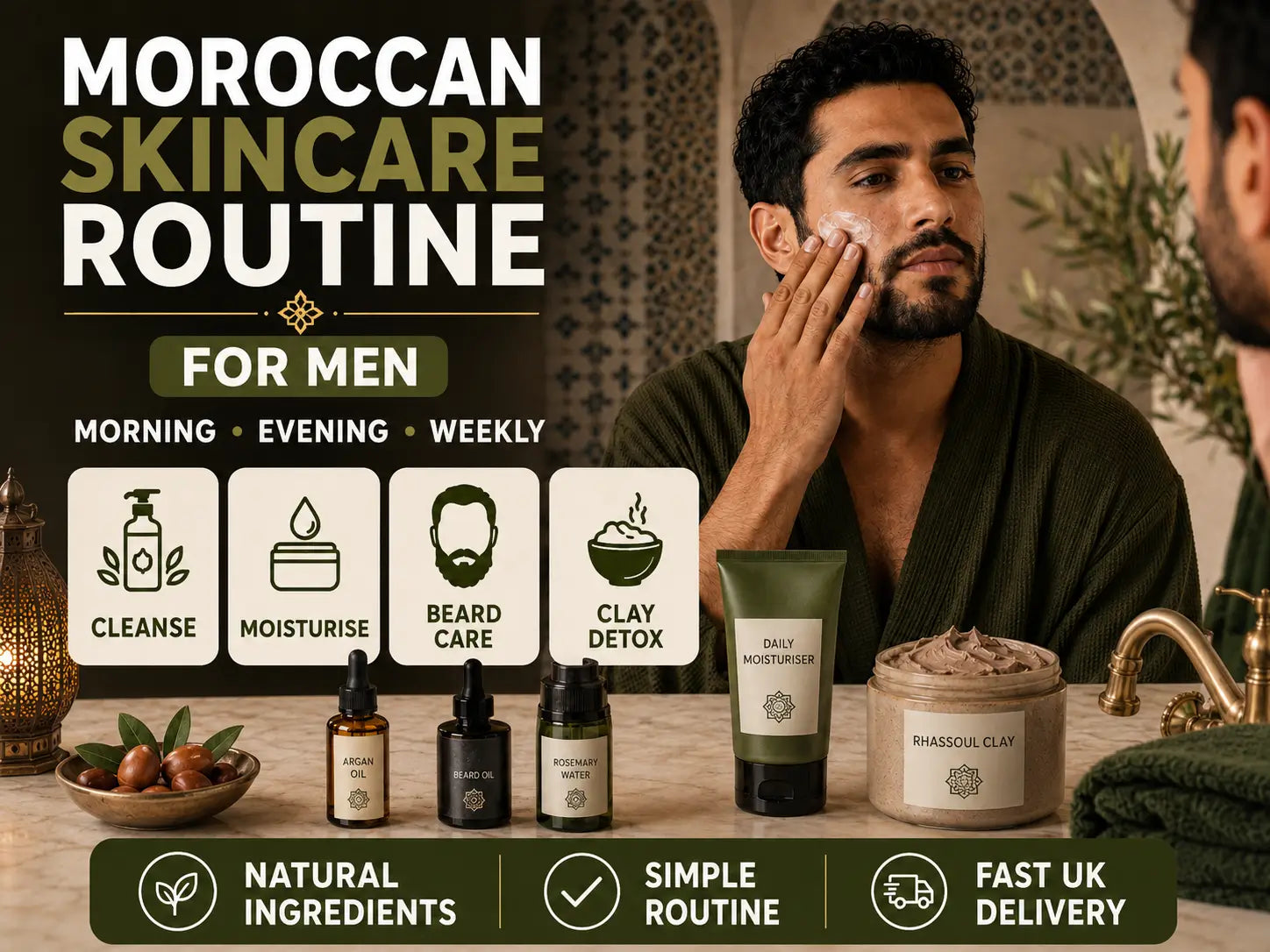 Men's Moroccan skincare routine with Pretty Oasis Argan oil, Rhassoul Clay, and beard oil