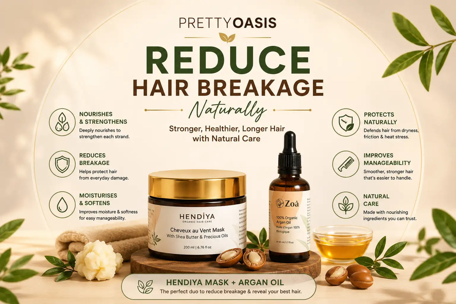 reduce hair breakage with Hendiya Mask, Argan Oil for strong hair now